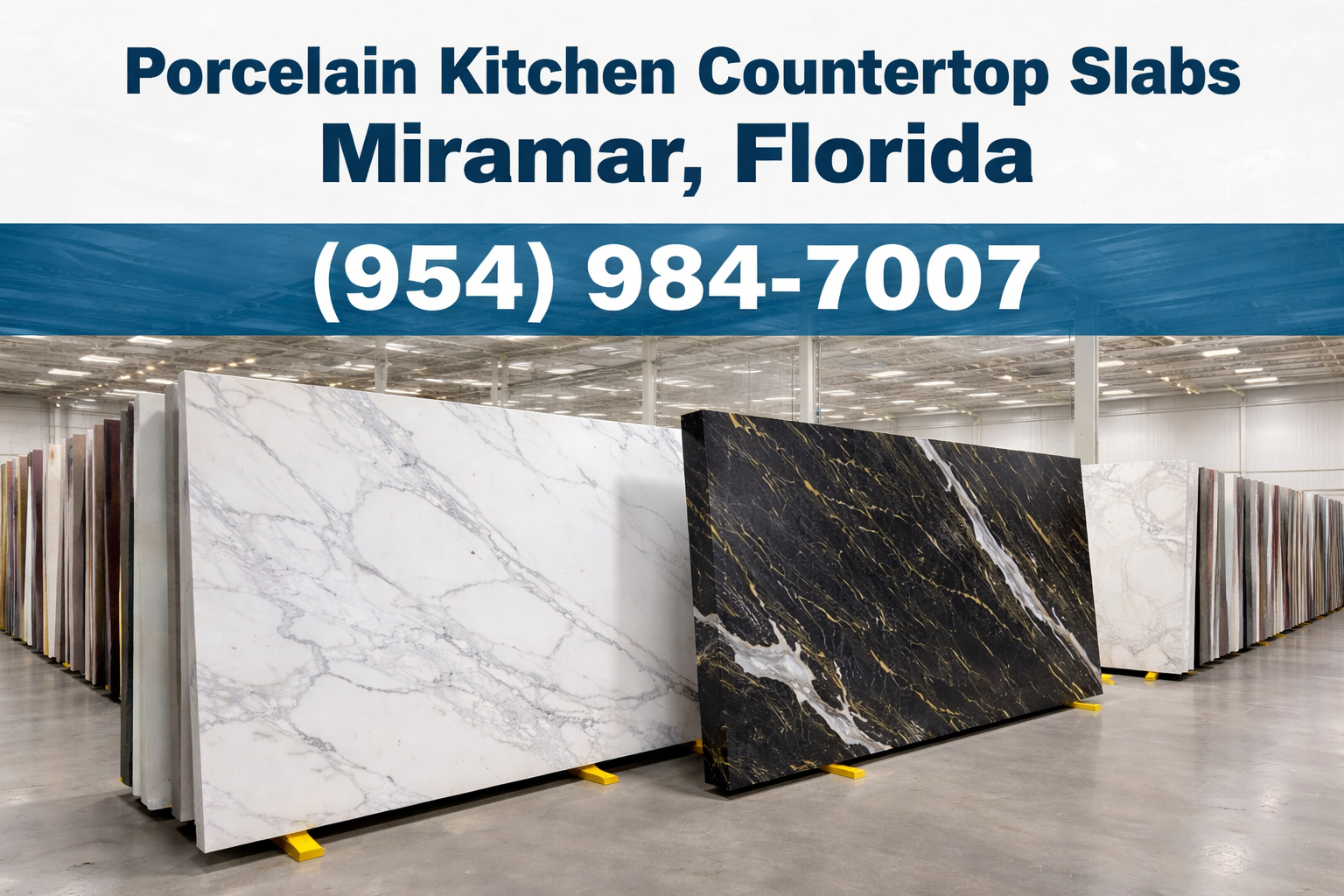 Porcelain kitchen countertop slabs in Miramar FL showroom